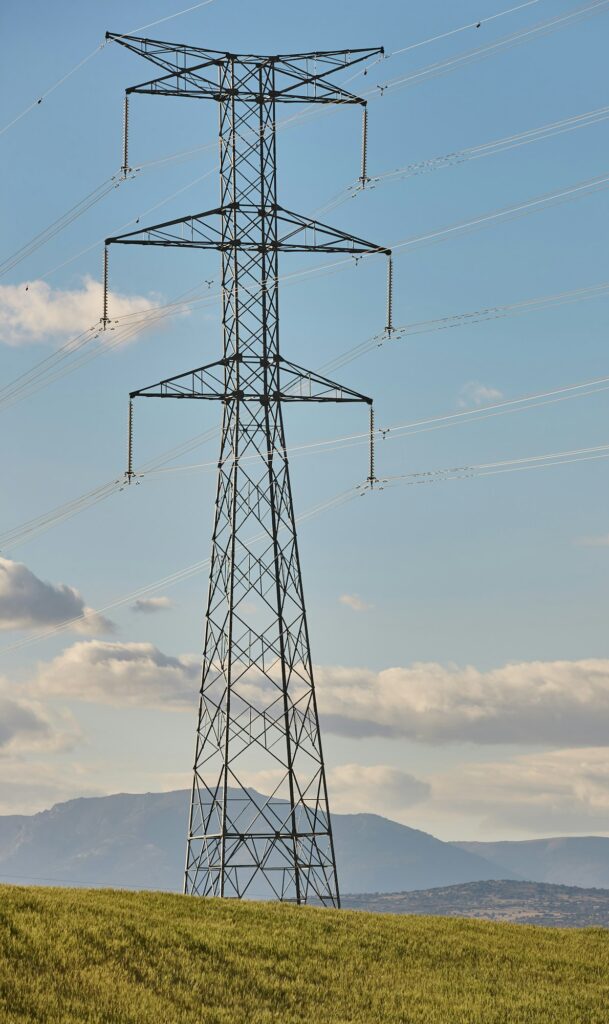 Power lines. Energy industry. Industrial electricity distribution. Renewable production